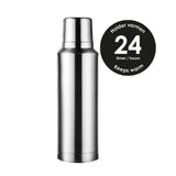 Pulito SteelThermoBottle termos 800 ml sølv i rustfritt stål, sett fra siden med informasjonsmerke