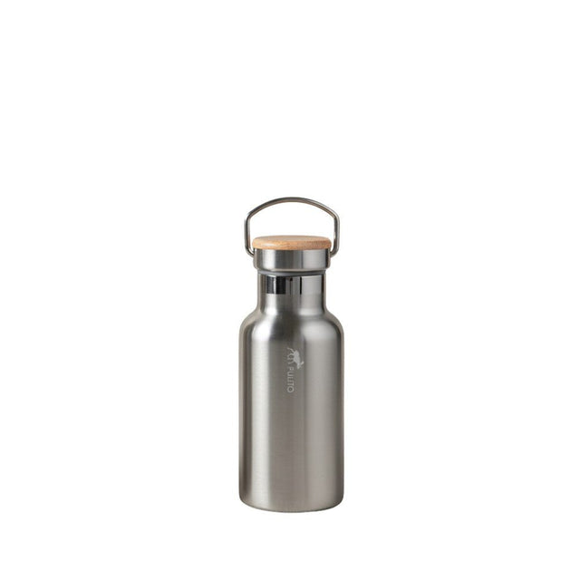 Pulito Termo Drikkeflaske 350 ml sølv i rustfritt stål, sett forfra med trelokk og metallhank Suztain.no