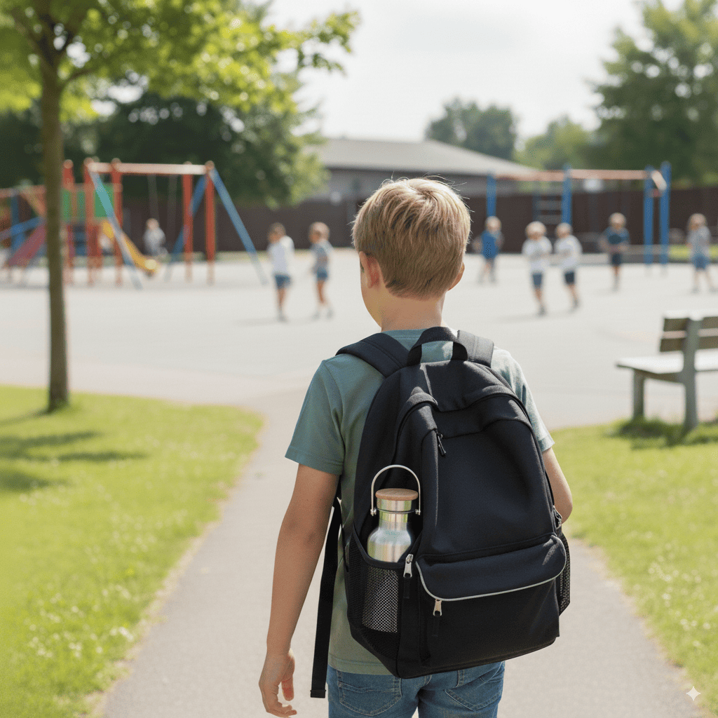 Pulito Termo Drikkeflaske 350 ml sølv i rustfritt stål, i bruk i skolesekk på vei til lekeplass