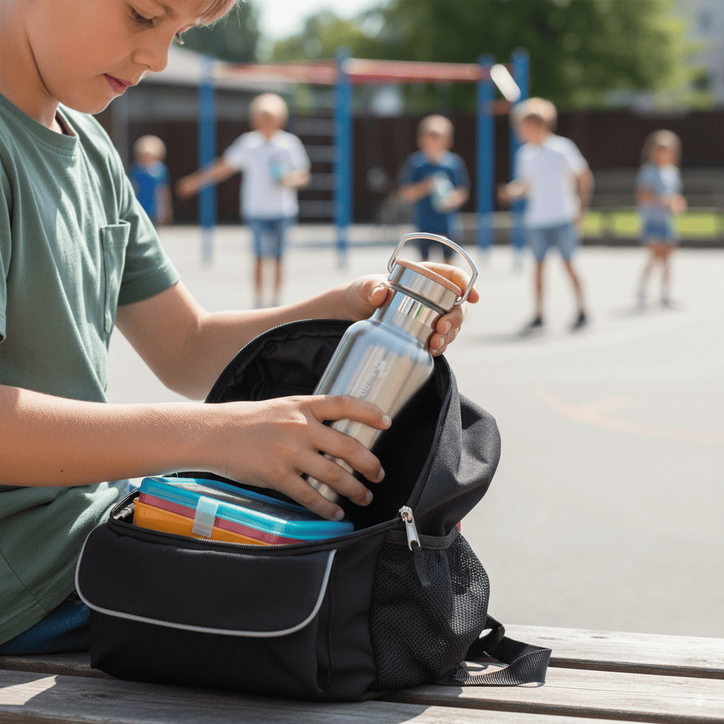 Pulito Termo Drikkeflaske 350 ml sølv i rustfritt stål, i bruk på skoleplass med barn som pakker sekk