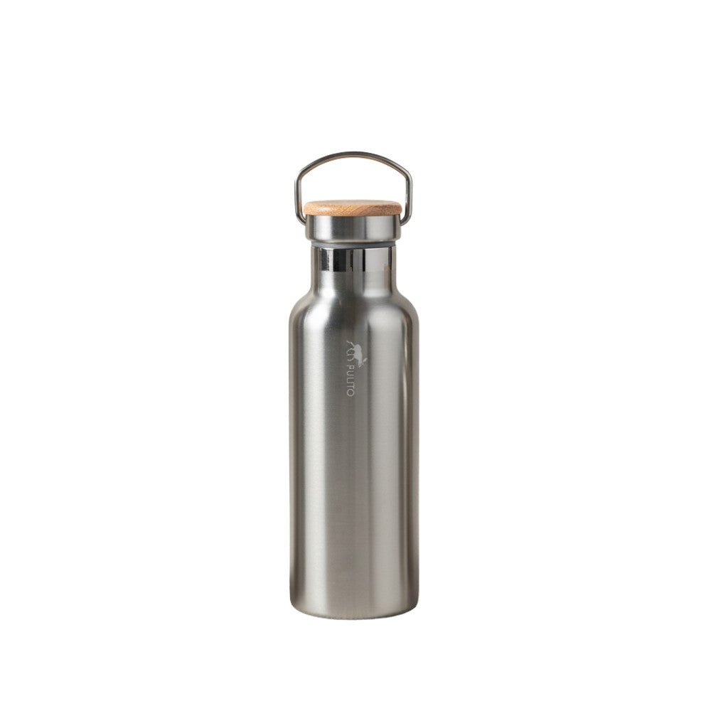 Pulito Termo Drikkeflaske 500 ml sølv i rustfritt stål med trelokk og bærehåndtak, sett forfra