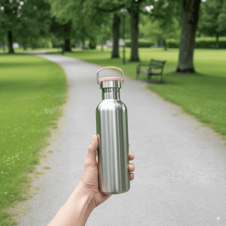 Pulito Termo Drikkeflaske 500 ml sølv i rustfritt stål, holdt i en hånd i bruk i en park
