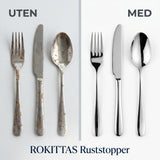 ROKITTAS Ruststopper for bestikk, gryter og panner i metall, vist før og etter bruk