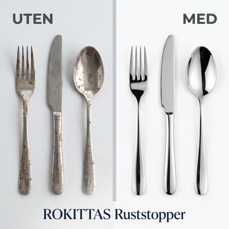ROKITTAS Ruststopper for bestikk, gryter og panner i metall, vist før og etter bruk
