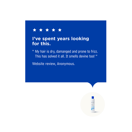 Sea Magik Hair Magic Balsam 300 ml hvit i plastflaske med blått lokk, vist med produkttestimonial