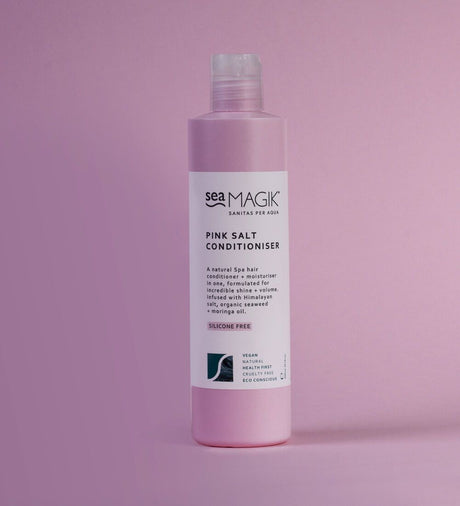 Sea Magik Balsam Pink Salt 300ml rosa i plastflaske, med etikett som viser produktets ingredienser