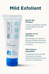 Sea Magik Mild Exfoliant 75ml i hvit og blå plast, med produktinformasjon og ingredienser på siden