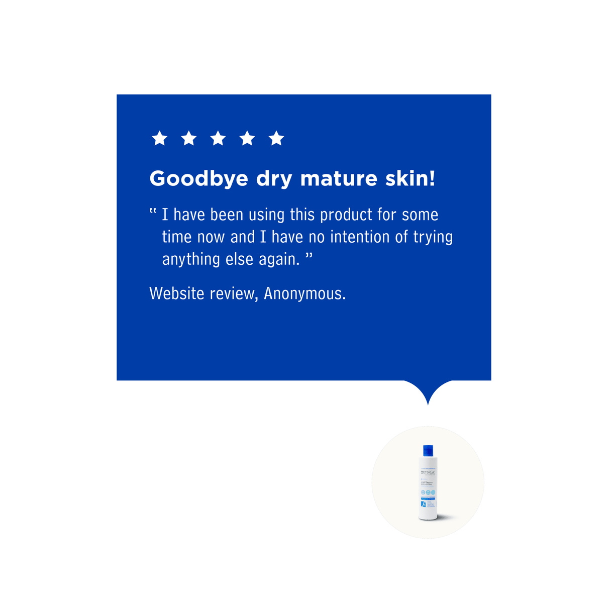 Sea Magik Silky Smooth Body Lotion 300ml hvit i plast, med en blå anmeldelsesboble som dekker toppen