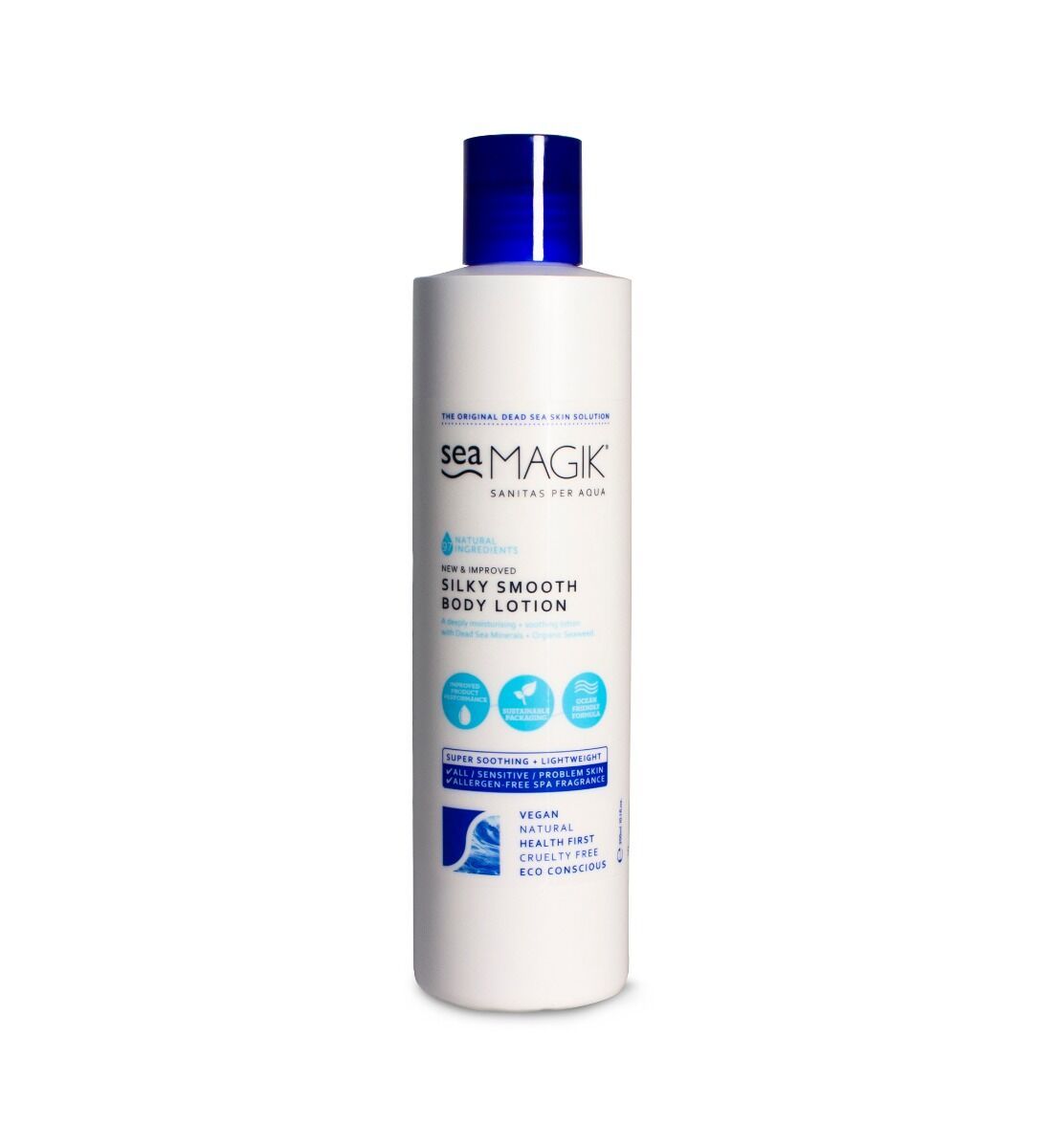Sea Magik Silky Smooth Body Lotion 300ml hvit i plast, sett forfra med blått lokk