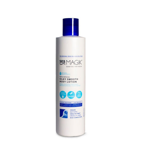 Sea Magik Silky Smooth Body Lotion 300ml hvit i plast, sett forfra med blått lokk