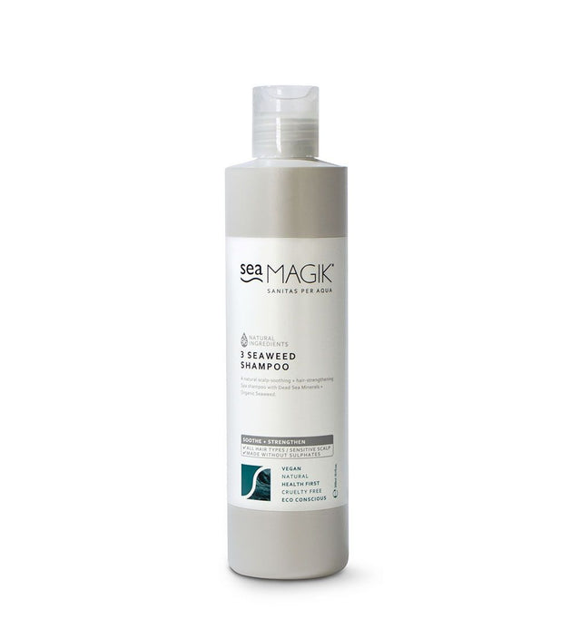 Sea Magik sjampo 3 Seaweed 300 ml grå i plastflaske, sett fra siden med hvit bakgrunn Suztain.no