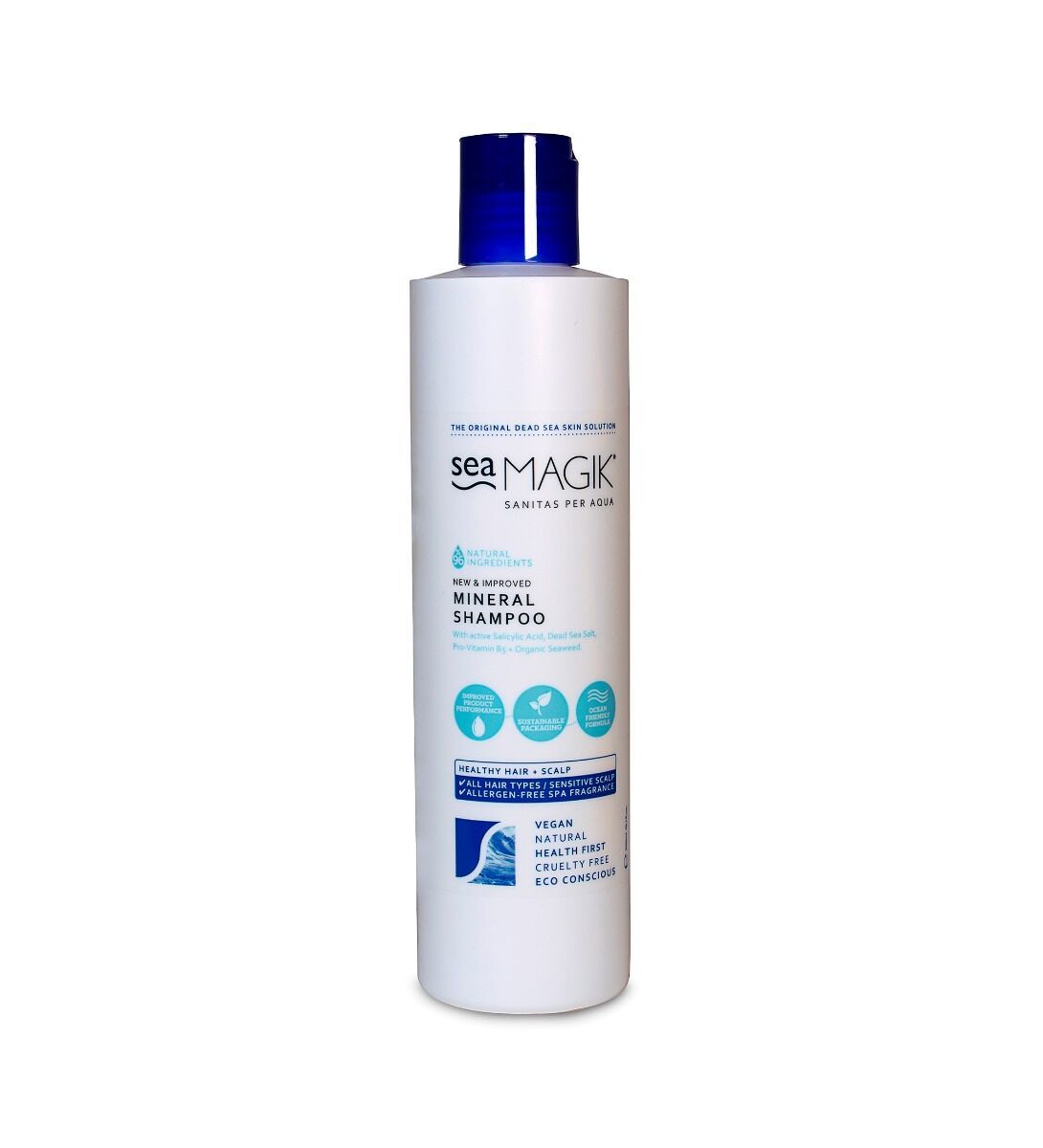Sea Magik Mineral Sjampo 300 ml hvit i plastflaske med blå kork, sett forfra mot hvit bakgrunn