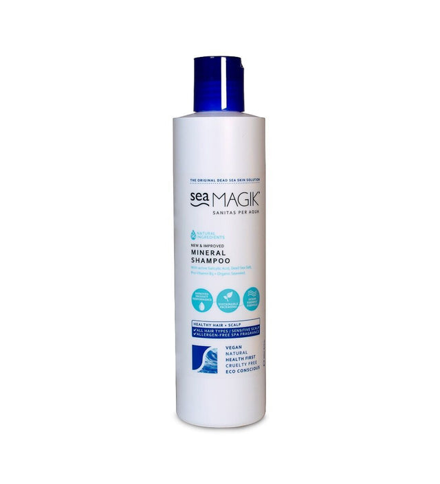 Sea Magik Mineral Sjampo 300 ml hvit i plastflaske med blå kork, sett forfra mot hvit bakgrunn Suztain.no