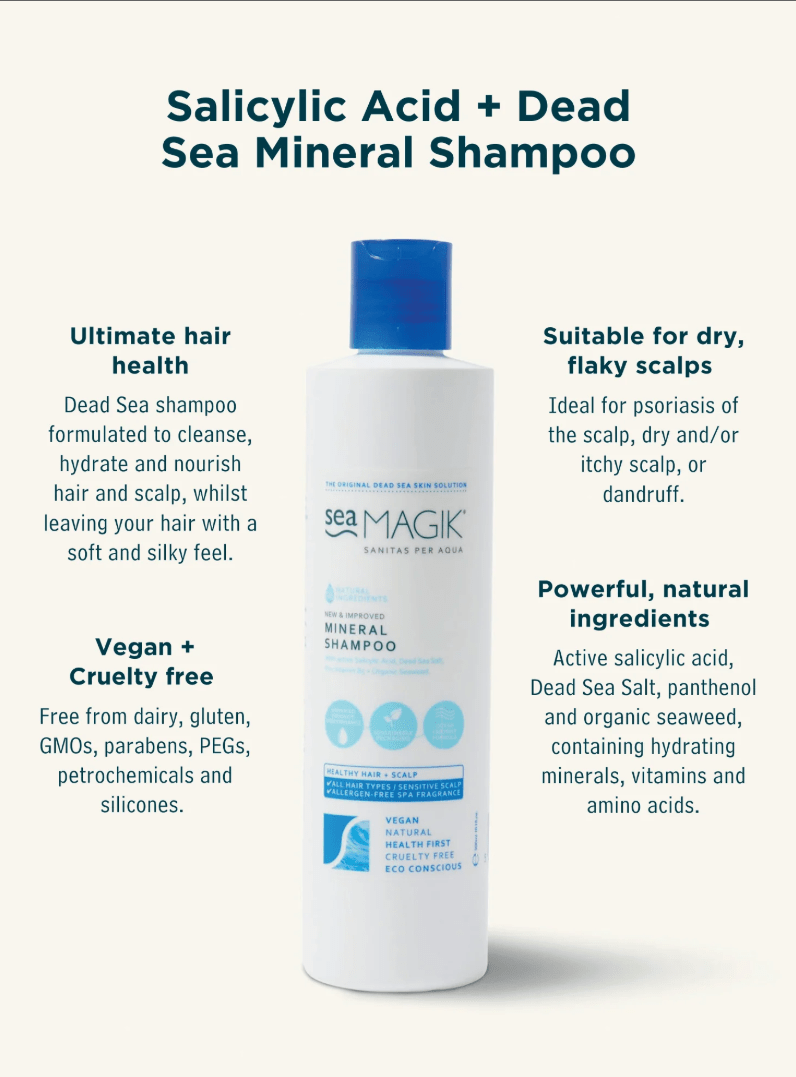 Sea Magik Mineral Sjampo 300 ml hvit i plastflaske med blå kork, vist med produktinformasjon