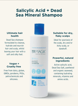 Sea Magik Mineral Sjampo 300 ml hvit i plastflaske med blå kork, vist med produktinformasjon
