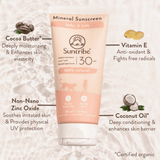 Suntribe Mineral Solkrem Barn & Baby SPF 30 100 ml i krem, infografikk som viser ingredienser