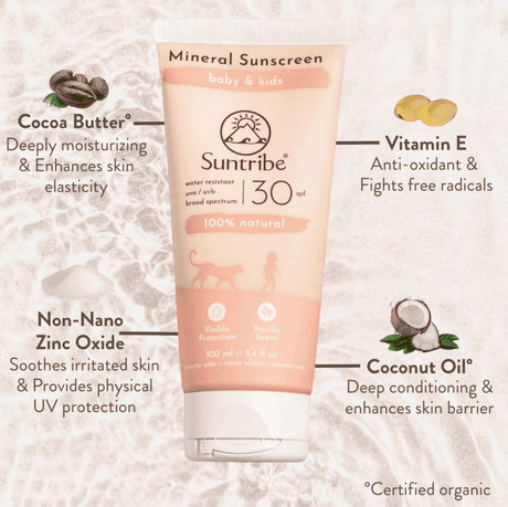 Suntribe Mineral Solkrem Barn & Baby SPF 30 100 ml i krem, infografikk som viser ingredienser