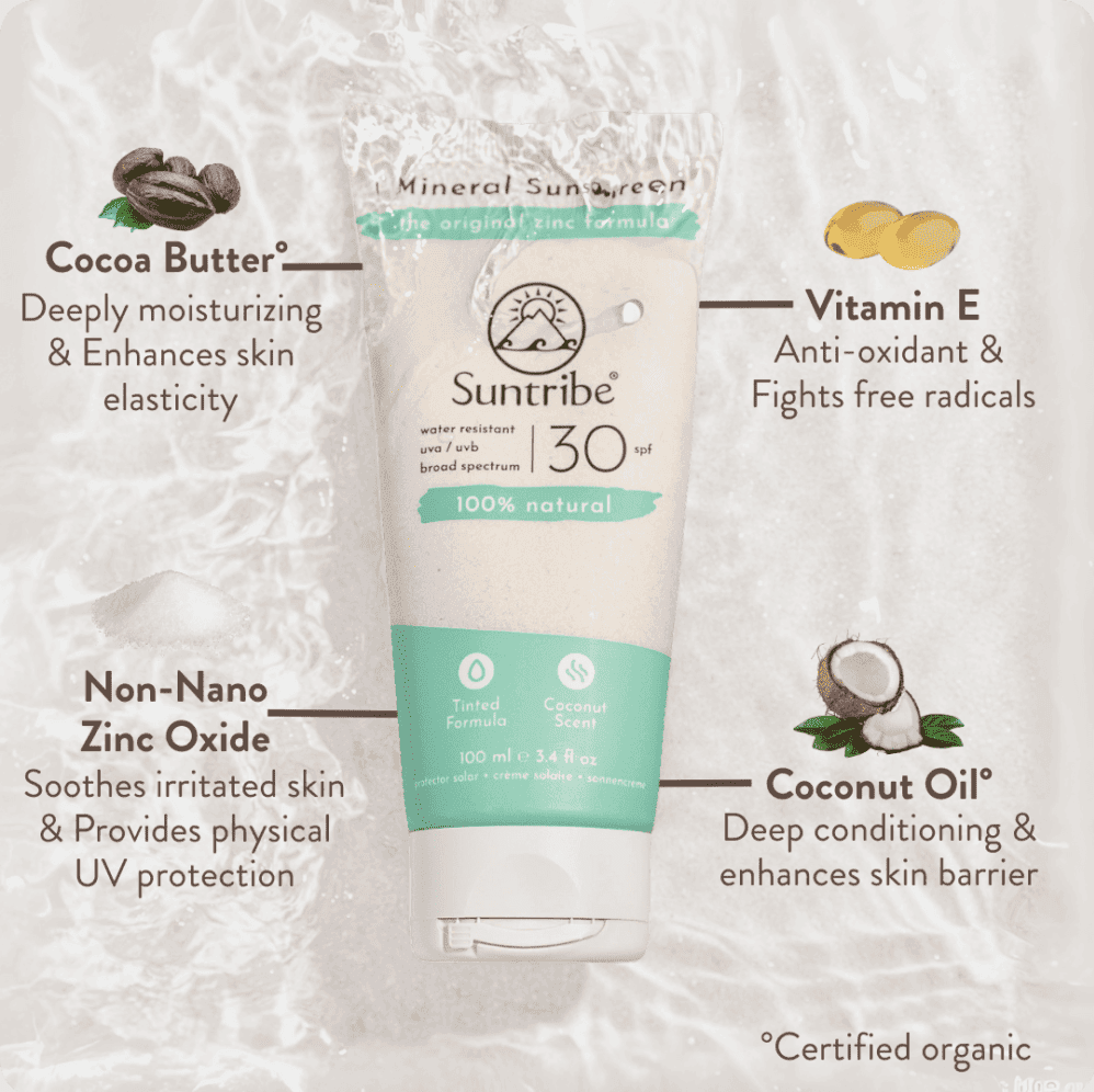 Suntribe solkrem for kropp og ansikt SPF 30, 100 ml, infografikk som viser ingredienser og egenskaper