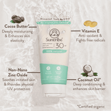 Suntribe solkrem for kropp og ansikt SPF 30, 100 ml, infografikk som viser ingredienser og egenskaper