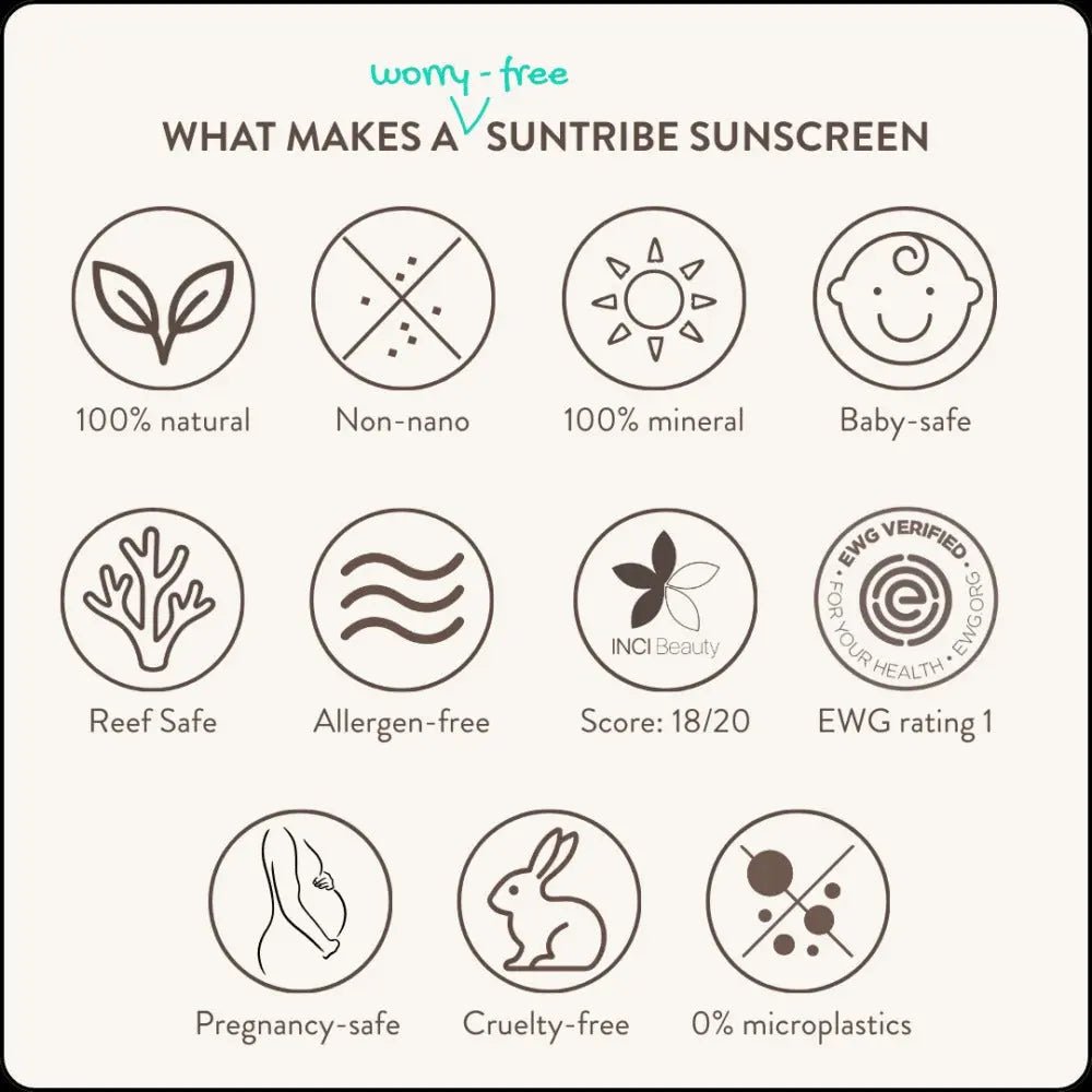 Suntribe solkrem for kropp og ansikt SPF 30, 100 ml, infografikk som viser ni egenskaper