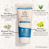 Suntribe Mineral Solkrem SPF 50, 100 ml, beige og blå i tube, med ingrediensinformasjon rundt