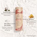 Suntribe solstift SPF 50 Pretty Pink i pappemballasje med ingrediensinformasjon og illustrasjoner