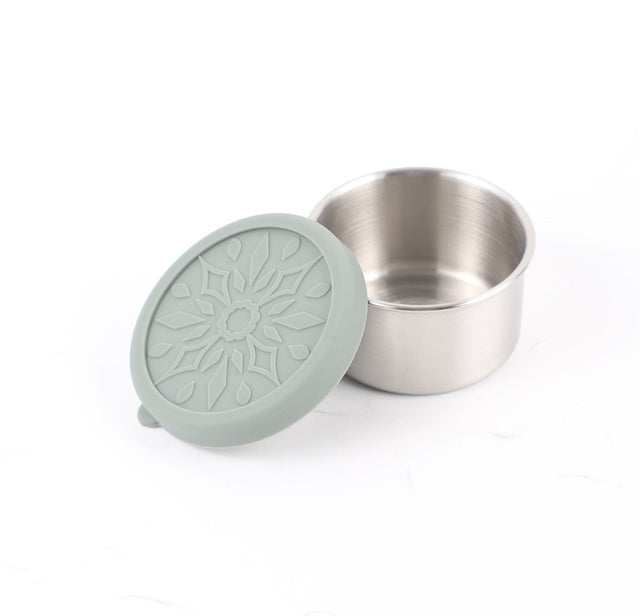 Suztain dip boks i stål, 50 ml, med grønt silikonlokk, sett srått ovenfra Suztain.no