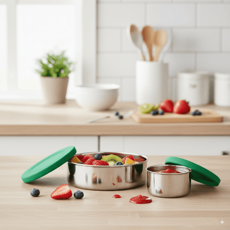 Suztain Dipp Boks Sett 50 ml + 250 ml grønn i rustfritt stål, i bruk på kjøkkenbenken