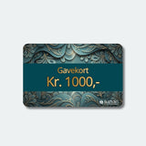 Suztain Gavekort Kr. 1000,- for alle produkter i blått og gull med Suztain-logo, sett forfra