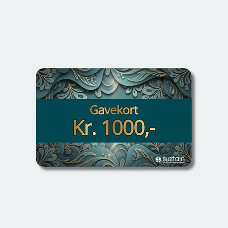 Suztain Gavekort Kr. 1000,- for alle produkter i blått og gull med Suztain-logo, sett forfra