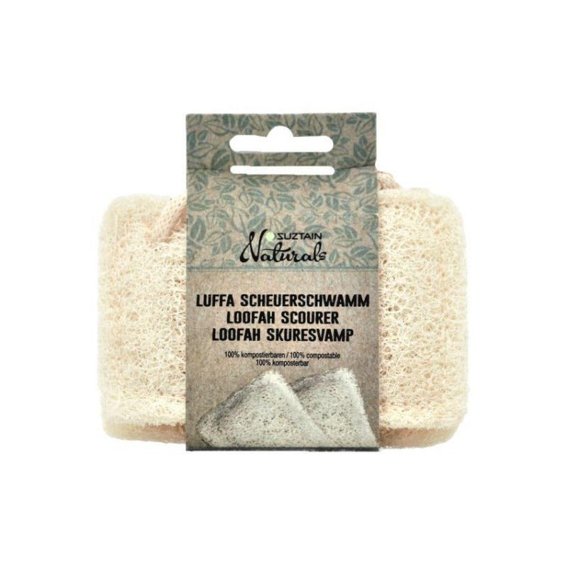 Suztain Loofah skuresvamp 2 pk i naturlig beige loofah-materiale, vist i emballasje fra siden