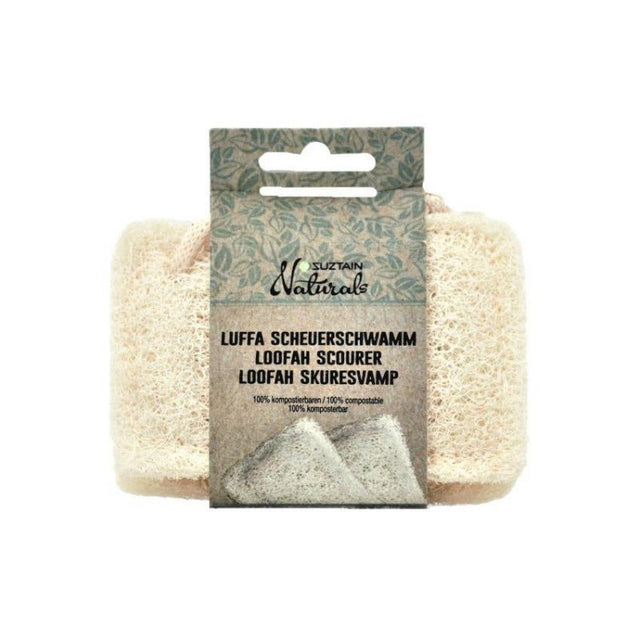 Suztain Loofah skuresvamp 2 pk i naturlig beige loofah-materiale, vist i emballasje fra siden Suztain.no