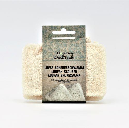Suztain Loofah Skuresvamp 2 pk i beige loofah-materiale, vist i emballasje fra fronten