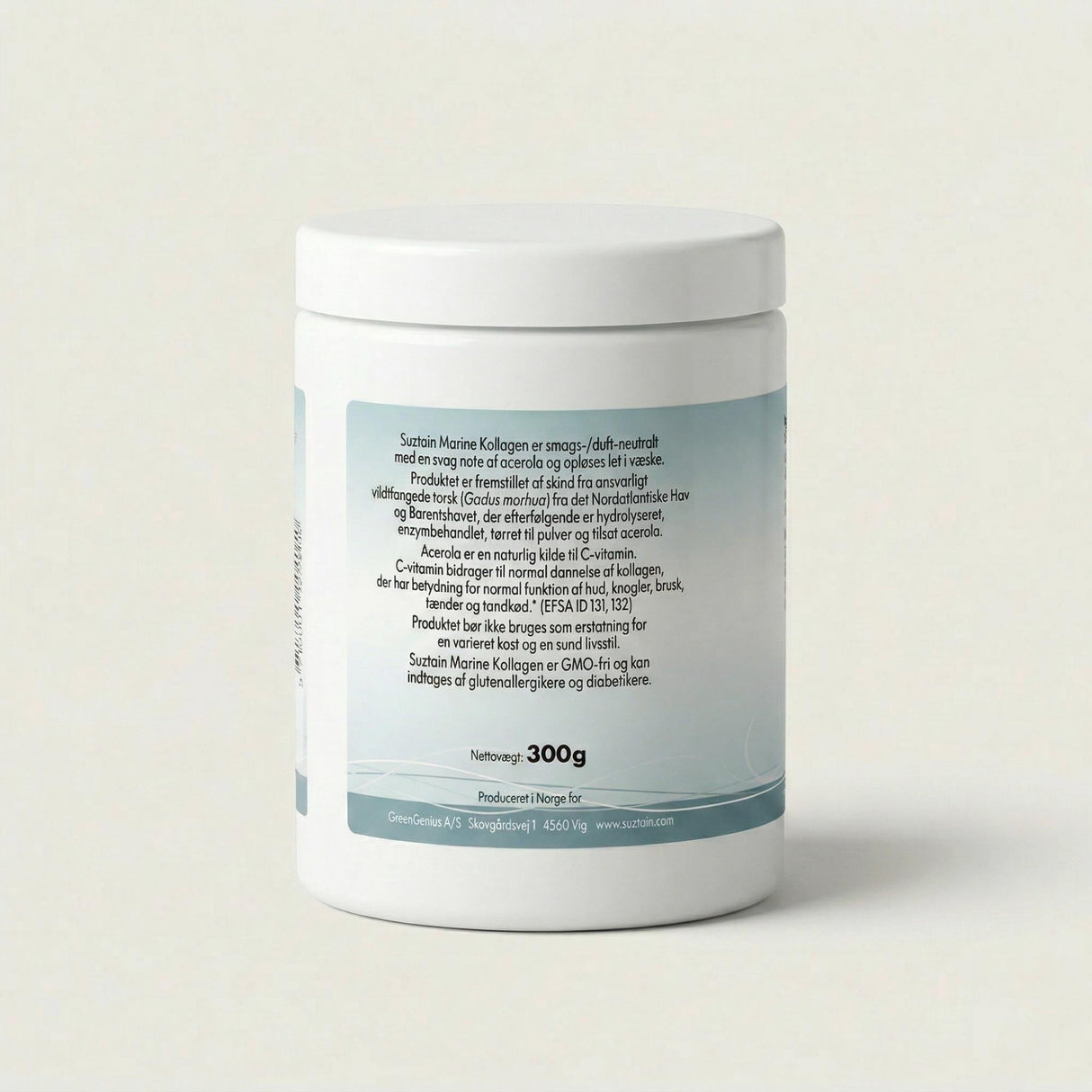 Suztain Marine Collagen 300 gram Natural i plast med full etikett, sett fra siden på hvit bakgrunn