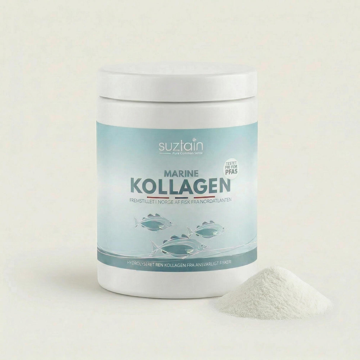 Suztain Marine Collagen 300 gram Natural i plast med pulverhaug ved siden av, sett forfra på hvit bakgrunn