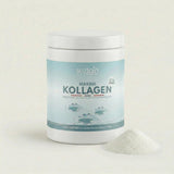 Suztain Marine Collagen 300 gram Natural i plast med pulverhaug ved siden av, sett forfra på hvit bakgrunn