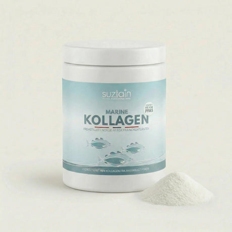 Suztain Marine Collagen 300 gram Natural i plast med pulverhaug ved siden av, sett forfra på hvit bakgrunn