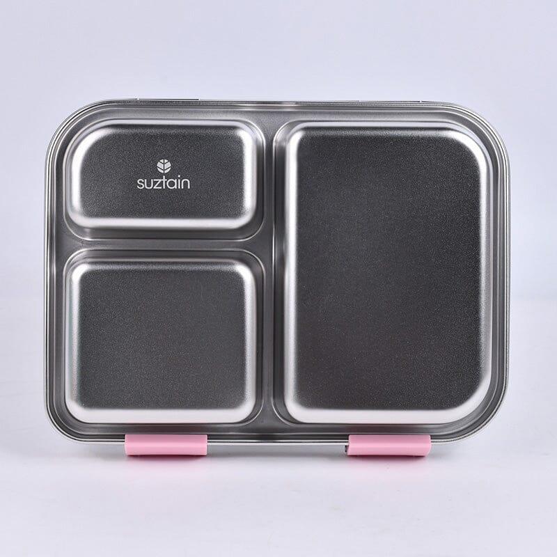Suztain matboks med 3 rom, rosa i rustfritt stål, sett ovenfra med Suztain-logo i øverste rom