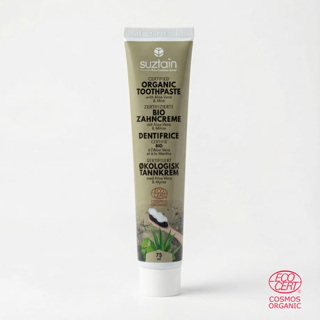 Suztain Sertifisert Økologisk Tannkrem 75ml Aloe Vera & Mynte i grønn tube, sett forfra