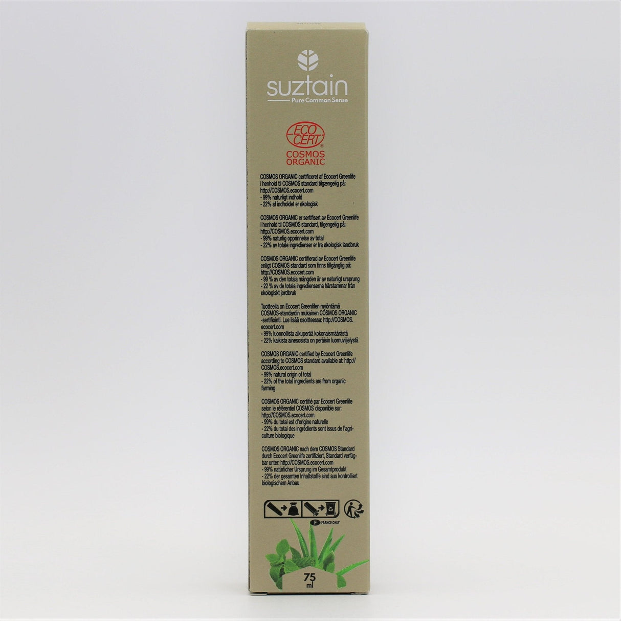 Suztain økologisk tannkrem 75ml med Aloe Vera & Mynte i brun pappeske med sertifiseringslogoer