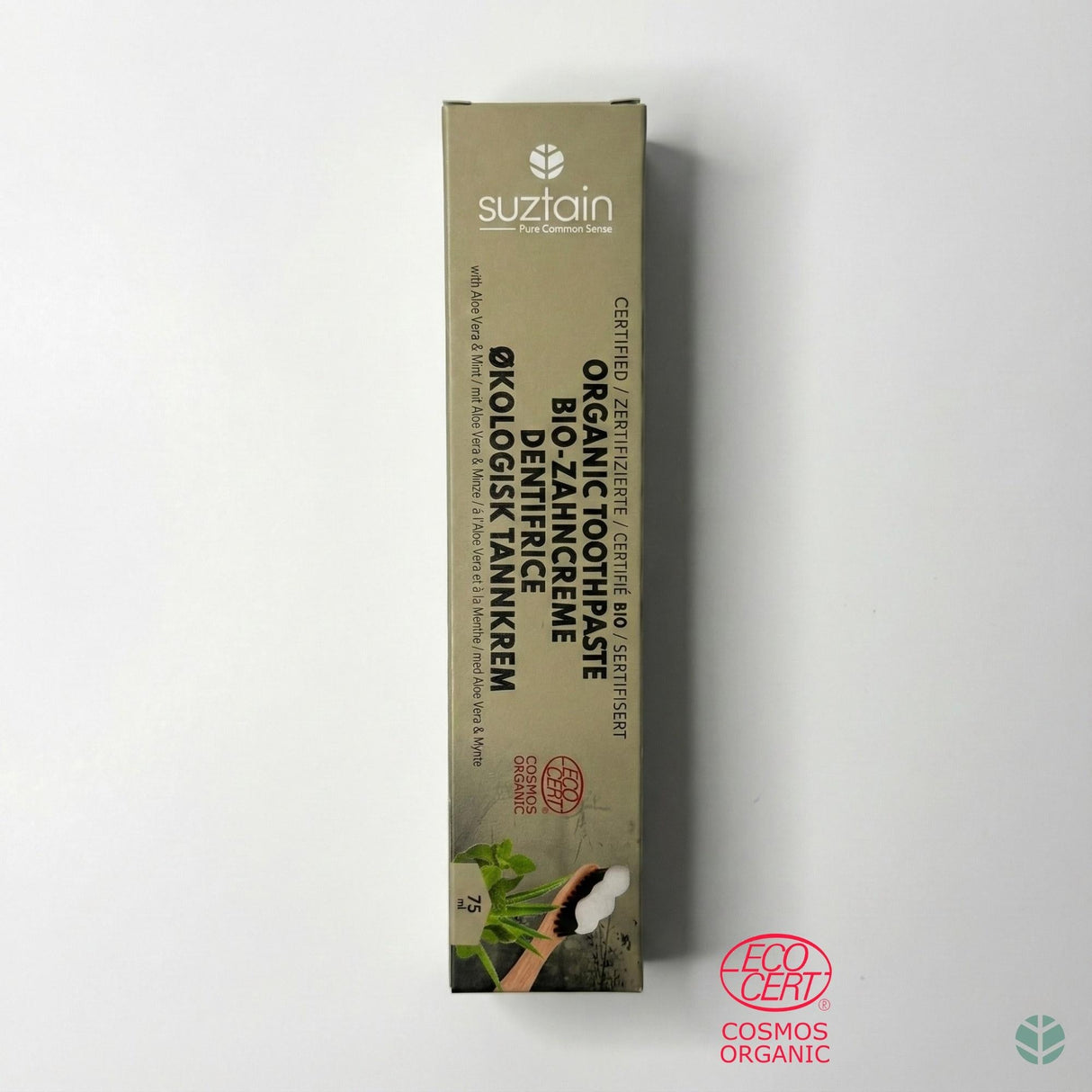Suztain økologisk tannkrem 75ml med Aloe Vera & Mynte i beige pappeske, sett fra siden