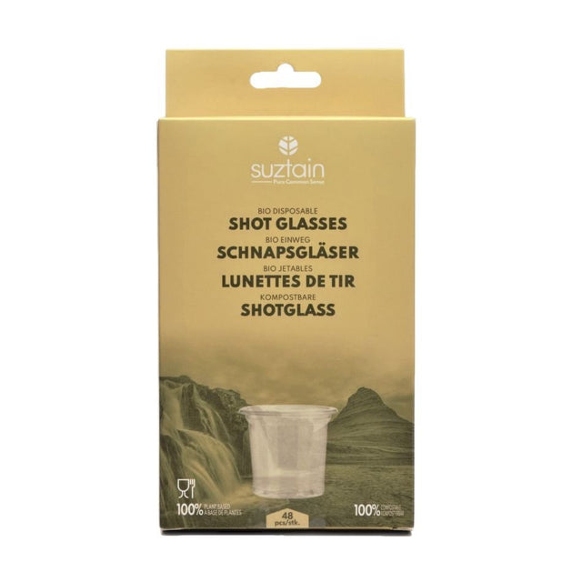 Suztain plastfrie shotglass 48 stk i gjennomsiktig materiale, vist i emballasje med naturmotiv Suztain.no