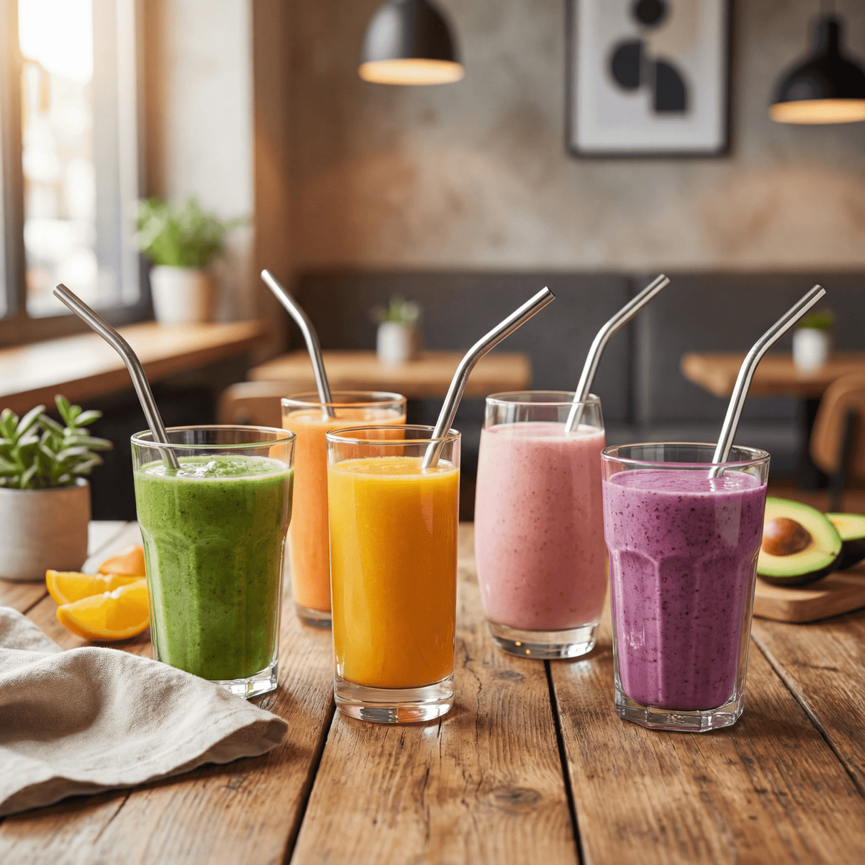 Suztain sugerør 8mm i rustfritt stål, fire varianter med smoothies i bruk på kafé