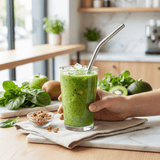 Suztain Sugerør i stål 8mm i glass med grønn smoothie på kjøkkenbenk med frukt