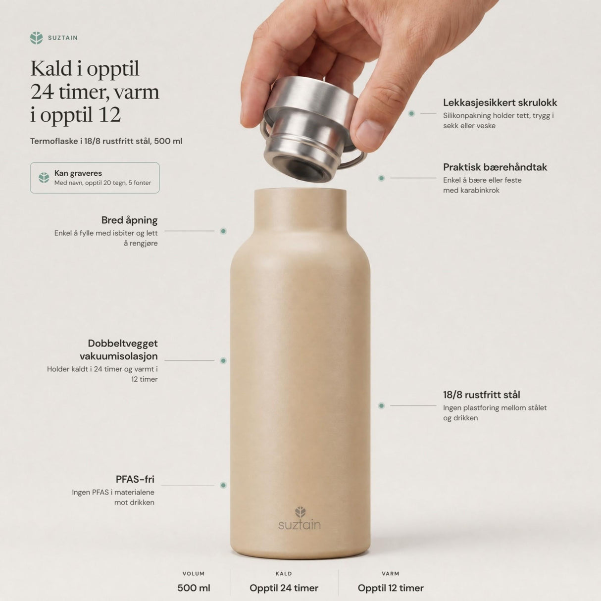 Suztain termoflaske 500 ml beige i rustfritt stål, med lokket holdt over flaskeåpningen