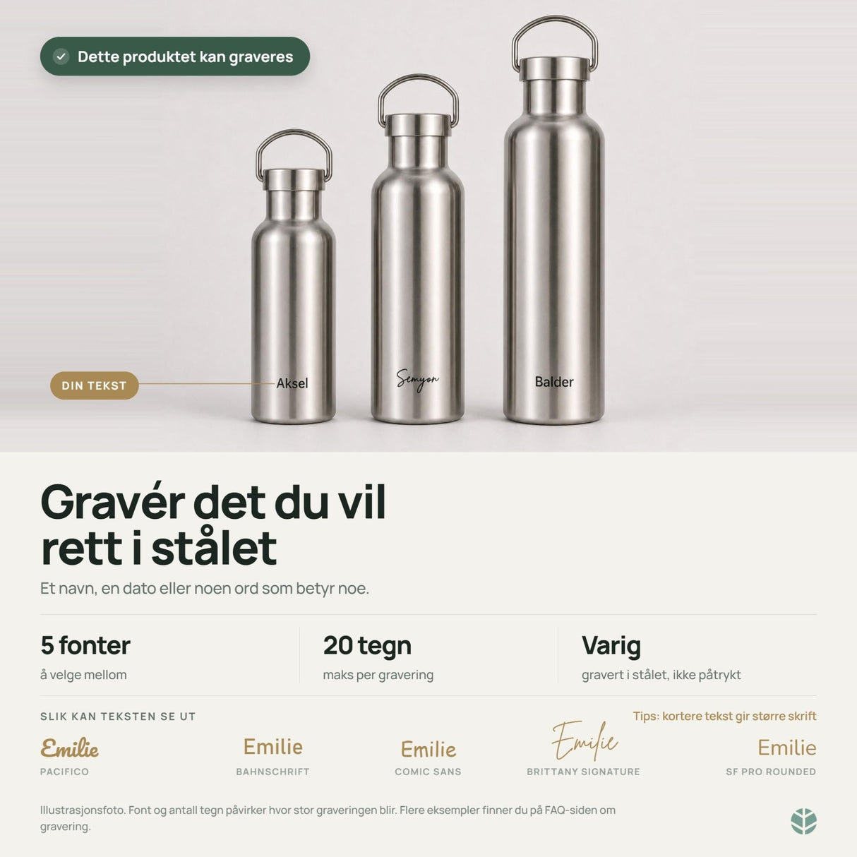 Suztain termoflaske, 750 ml, sølvfarget i rustfritt stål, tre flasker i ulike størrelser med gravering