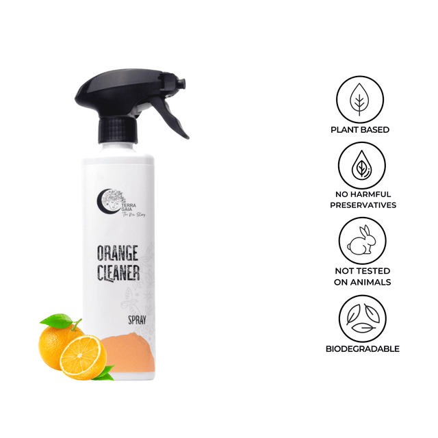 Terra Gaia Rengjøringsspray Økologisk 500ml appelsin i hvit plastflaske, med ikoner for egenskaper Suztain.no