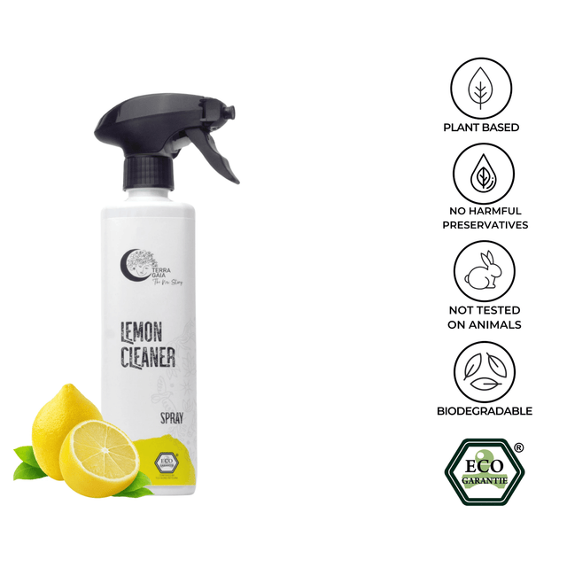 Terra Gaia Rengjøringsspray 500ml Sitrus i plastflaske, med sitroner og sertifiseringsikoner på hvit bakgrunn Suztain.no
