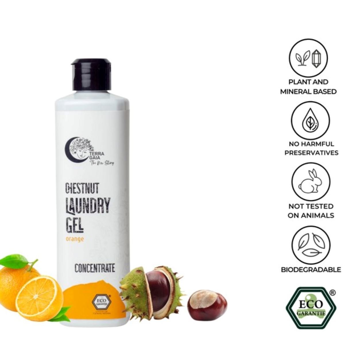 Terra Gaia vaskemiddel 500ml appelsin i plastflaske, med appelsiner og kastanjer ved siden av