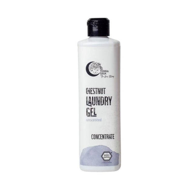 Terra Gaia vaskemiddel 500ml uparfymert i hvit plastflaske med svart kork, sett rett forfra Suztain.no